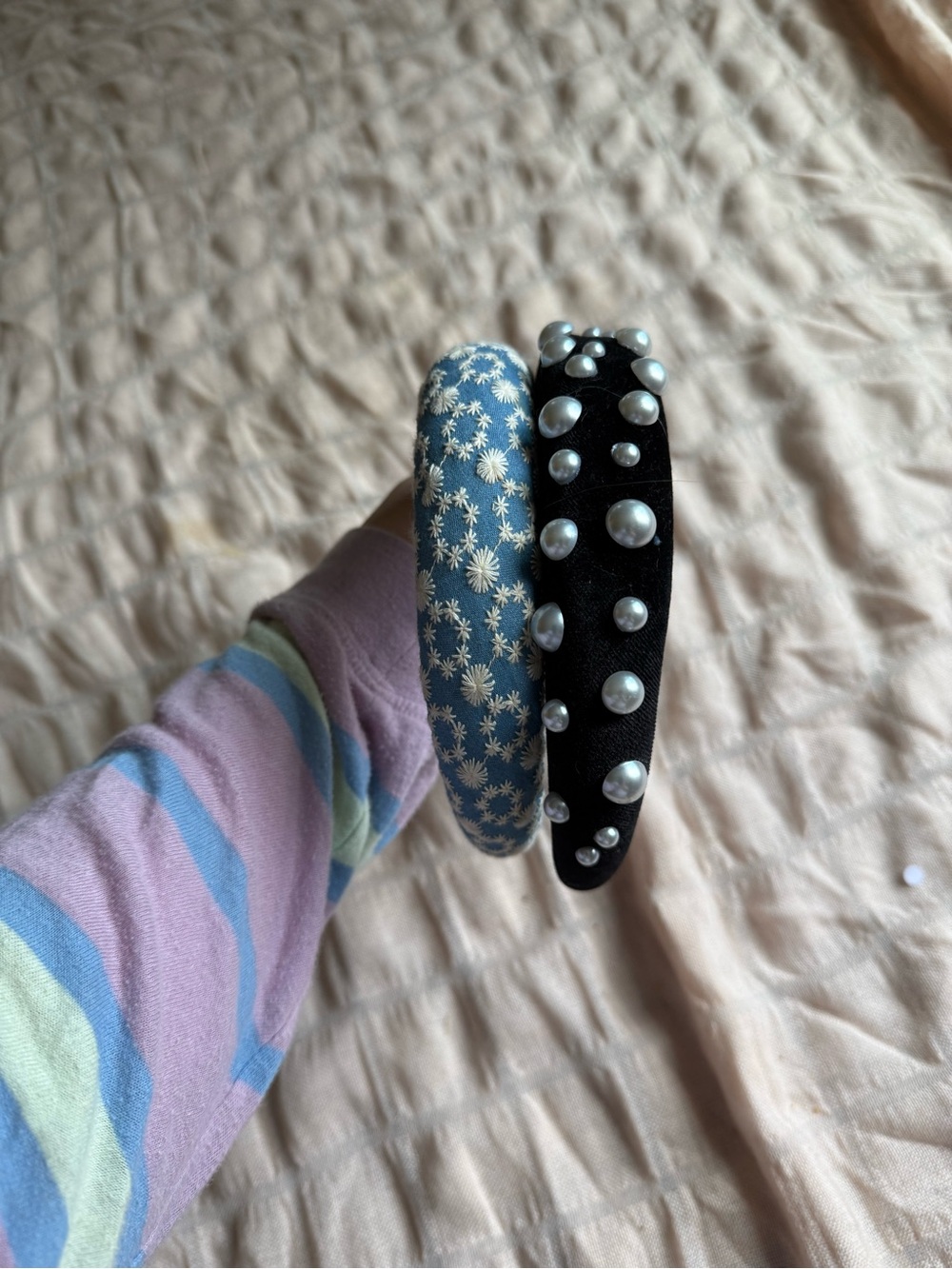 Girly Pearl-Embellished Black Headband & Blue Daisy Padded Headband Set Bundle